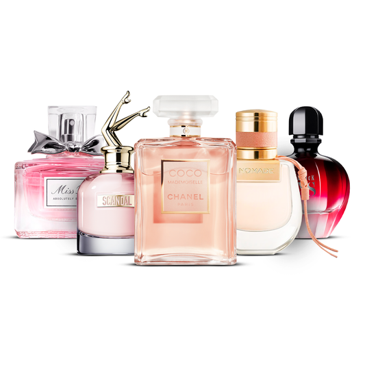 Combination of 5 women's perfumes – Miss Dior Absolutely Blooming, Scandal, Coco Mademoiselle, Nomade and Black XS [100 ml each]